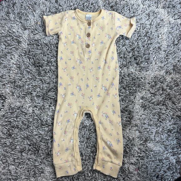 Modern Moments Yellow Floral Waffle Knit Jumpsuit Romper Buttons 24 Months - Picture 7 of 7